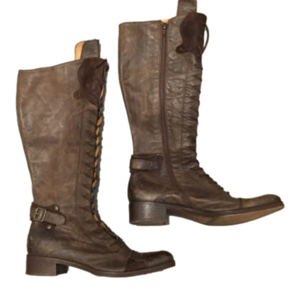 FATTE A MANO PER KING TALL BROWN LEATHER LACE UP RIDING COMBAT MOTO BOOTS, NEW